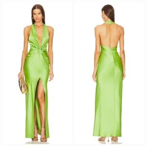 X Revolve Halter Gown With Slit in Pear Green
Khanums